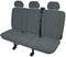 Rear bench seat in a car with three headrests and two visible seatbelt buckles in grey fabric.