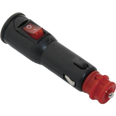 Black automotive plug with red on/off switch, used for the cigarette lighter in a car.
