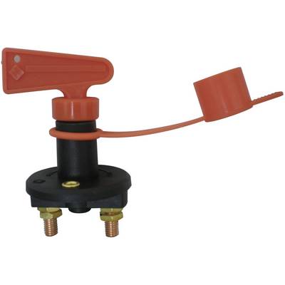 Switch with red lever and removable protective cap, mounted on a black base with two copper terminals.