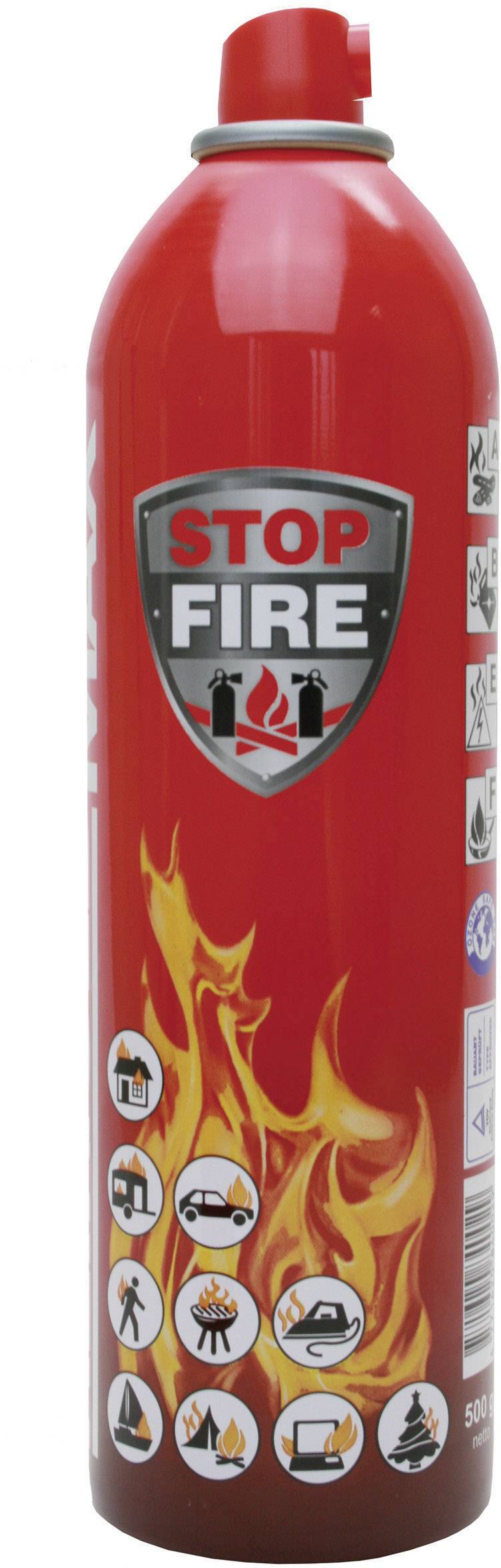 A red fire extinguisher with the inscription 'STOP FIRE', decorated with flames and symbols representing different types of fires and applications.
