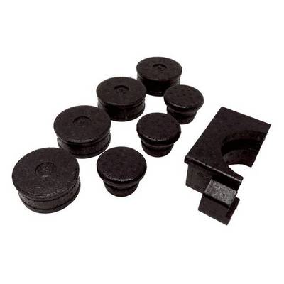 Black rubber feet and mounting brackets in various sizes on a white background, suitable for vibration damping or surface protection.