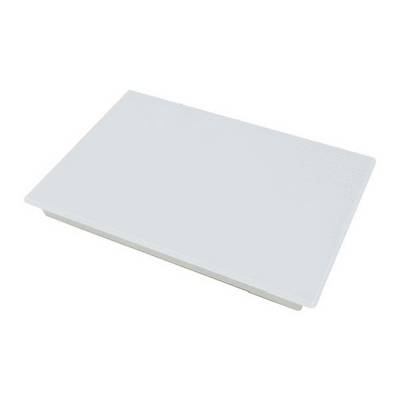 A rectangular flat white object, possibly a plastic sheet, is lying on a white surface.