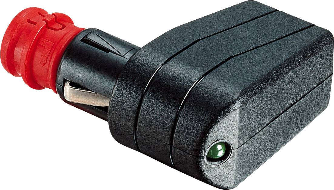 A black, rectangular adapter with a red connection port and a green LED indicator on the front.