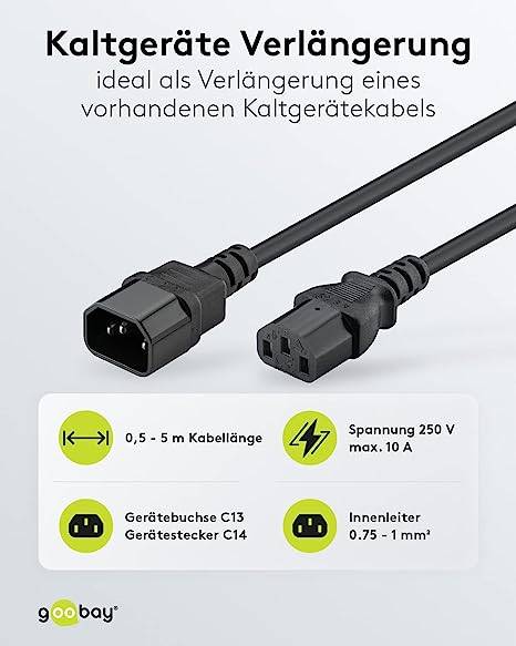 Goobay 68602 C13/C14 appliances Mains cable Black 1.5 m PVC coating-1