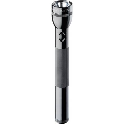 A black torch in the Maglite design, vertically positioned, with a ribbed grip for improved handling.