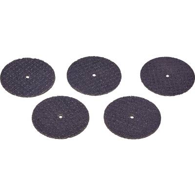 Five black grinding discs on a white background, evenly arranged side by side.