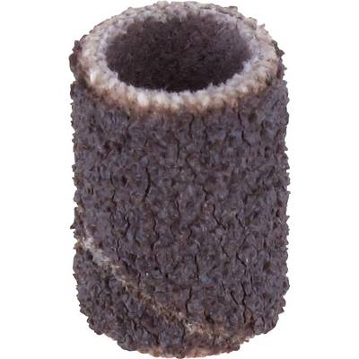 A brown sanding drum attachment made of sandpaper for a drill grinder, cylindrical in shape, used for smoothing surfaces.