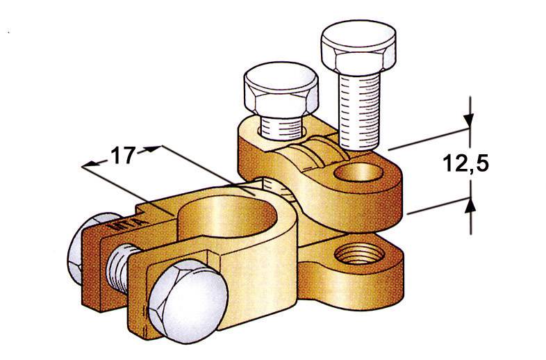 Illustration of a metallic clamp element with screws. Dimensions: 17 mm horizontal, 12.5 mm vertical.