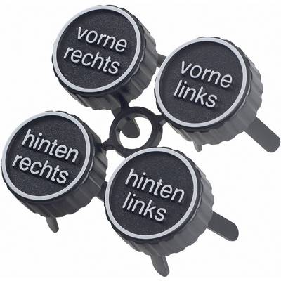 Valve caps with labels: 'front right', 'front left', 'rear right' and 'rear left', for marking car tyre positions.