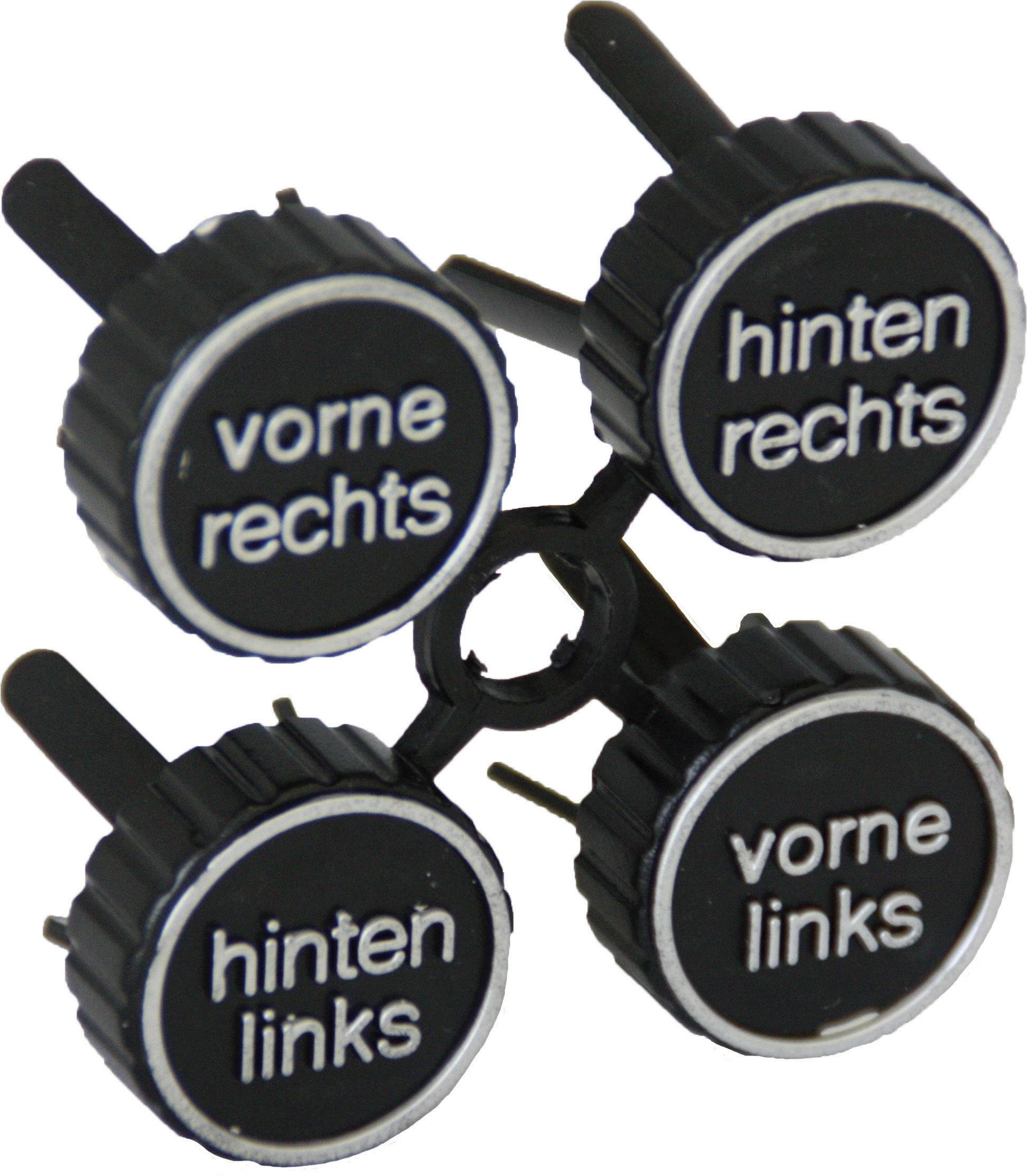 Black and white adjustment knobs with labels: 'front right', 'rear right', 'rear left' and 'front left'.