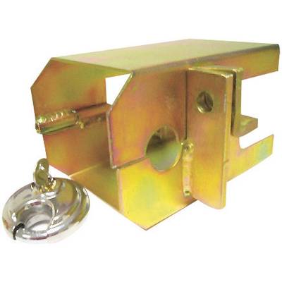 A yellow padlock housing with a separate padlock. The housing features recesses and is designed for security purposes.