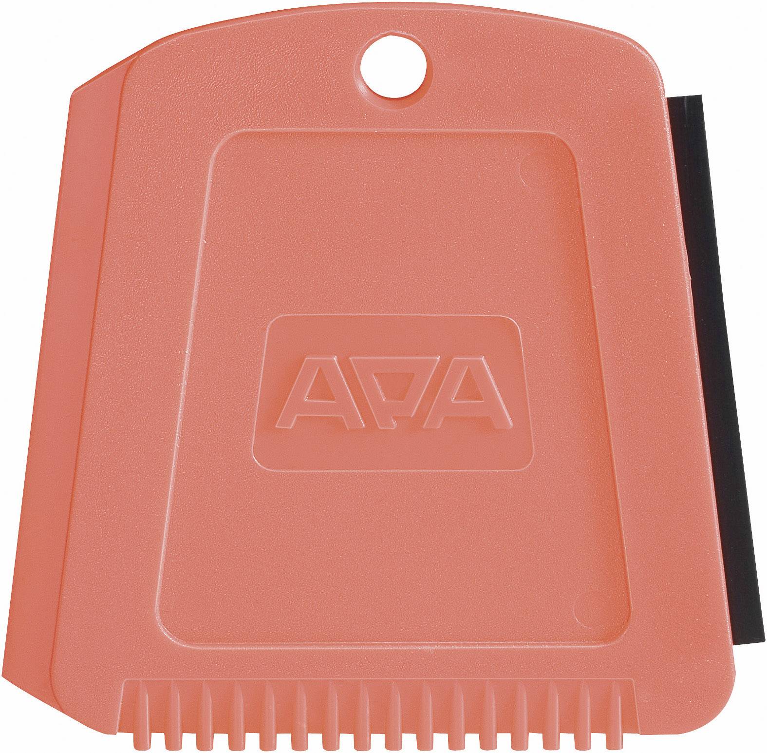 Red ice scraper with a black rubber lip and teeth along the bottom edge, suitable for removing ice and snow from car windscreens.