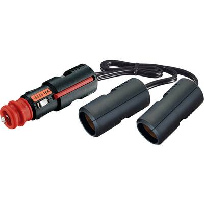 A black car cigarette lighter adapter with a red 16A fuse and two socket connections for additional devices.