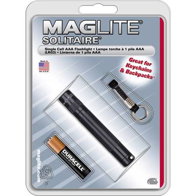 Packaging containing a small Maglite Solitaire torch, an AAA battery and a keyring, perfect for rucksacks.