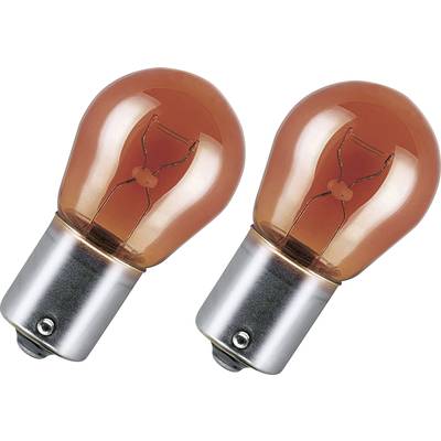 Two orange-coloured light bulbs with bayonet caps, lying side by side.