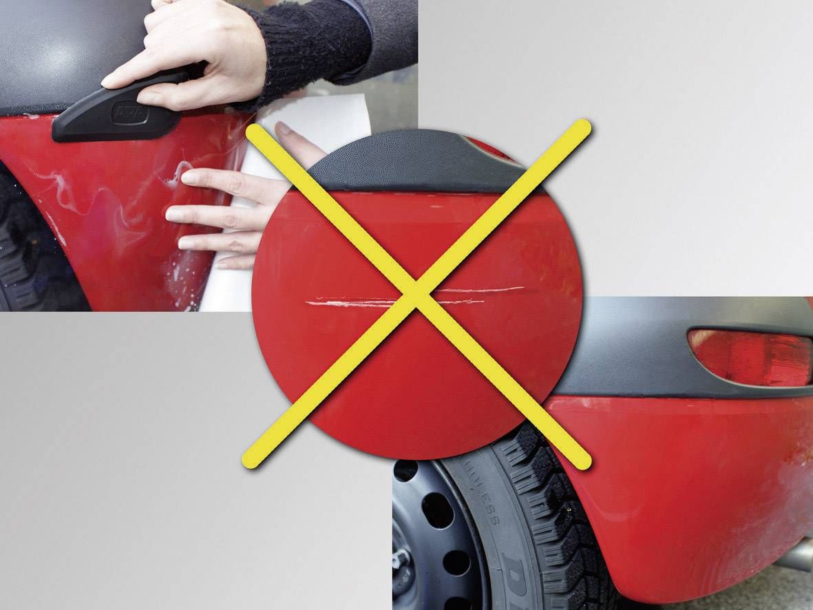 'A circle with a yellow X over a close-up of a car scratch. Removing scratches by polishing not recommended.'