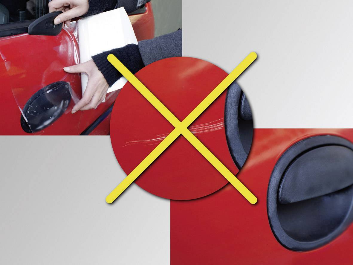 'Two images of a car door handle with key damage. A yellow cross indicates the fault.'