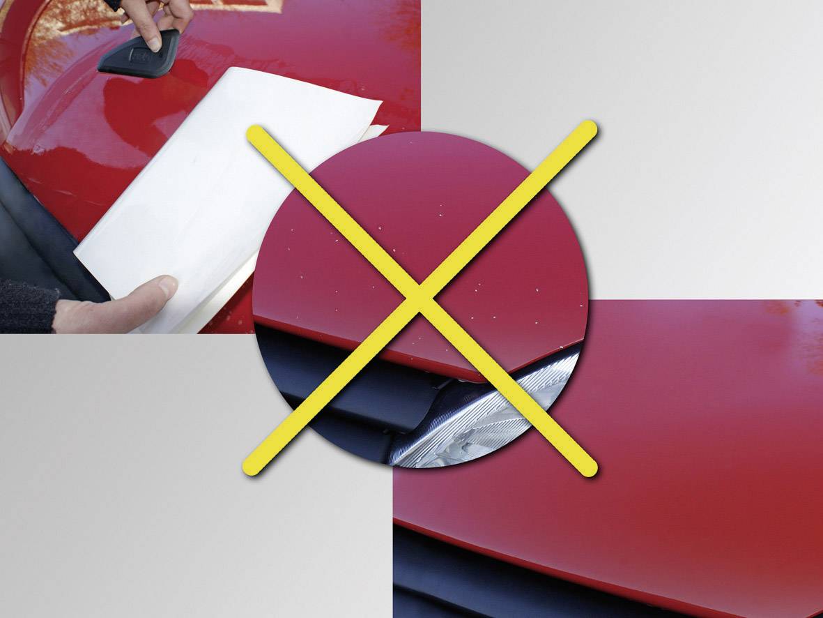 A red car is being polished. A pictogram with a yellow 'X' suggests that the method shown should not be used.