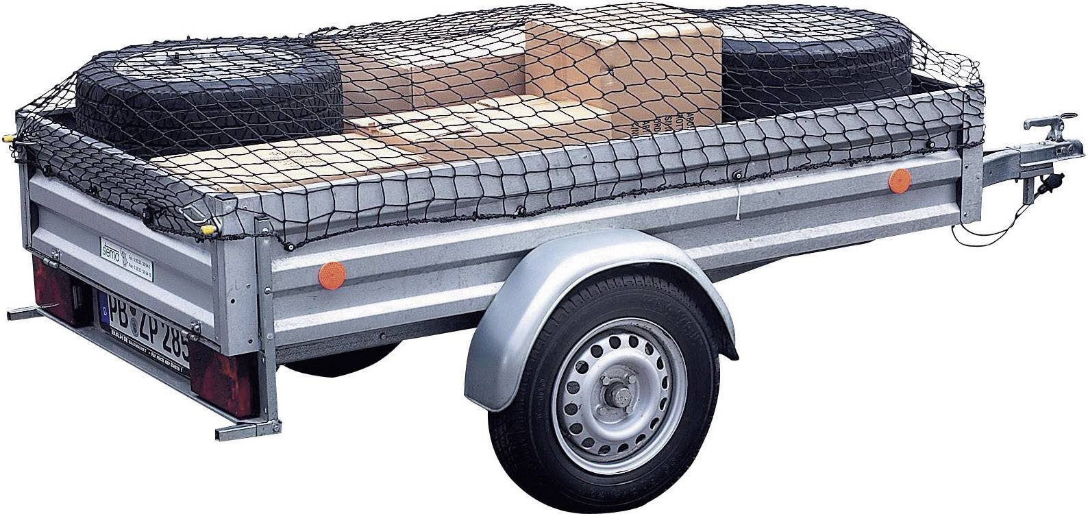 Trailer with a mesh cover, with two tyres and boxes placed on it. Suitable for transporting goods on the road.