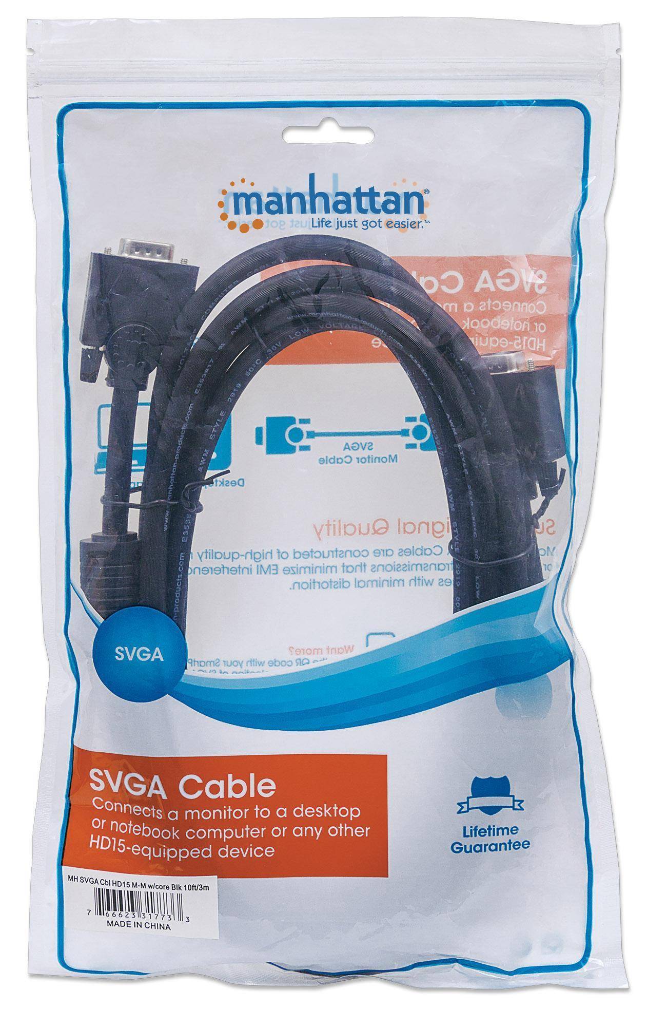Manhattan VGA Cable VGA 15-pin plug, VGA 15-pin socket 3.00 m Black 317740 screwable, incl. ferrite core VGA cable-5