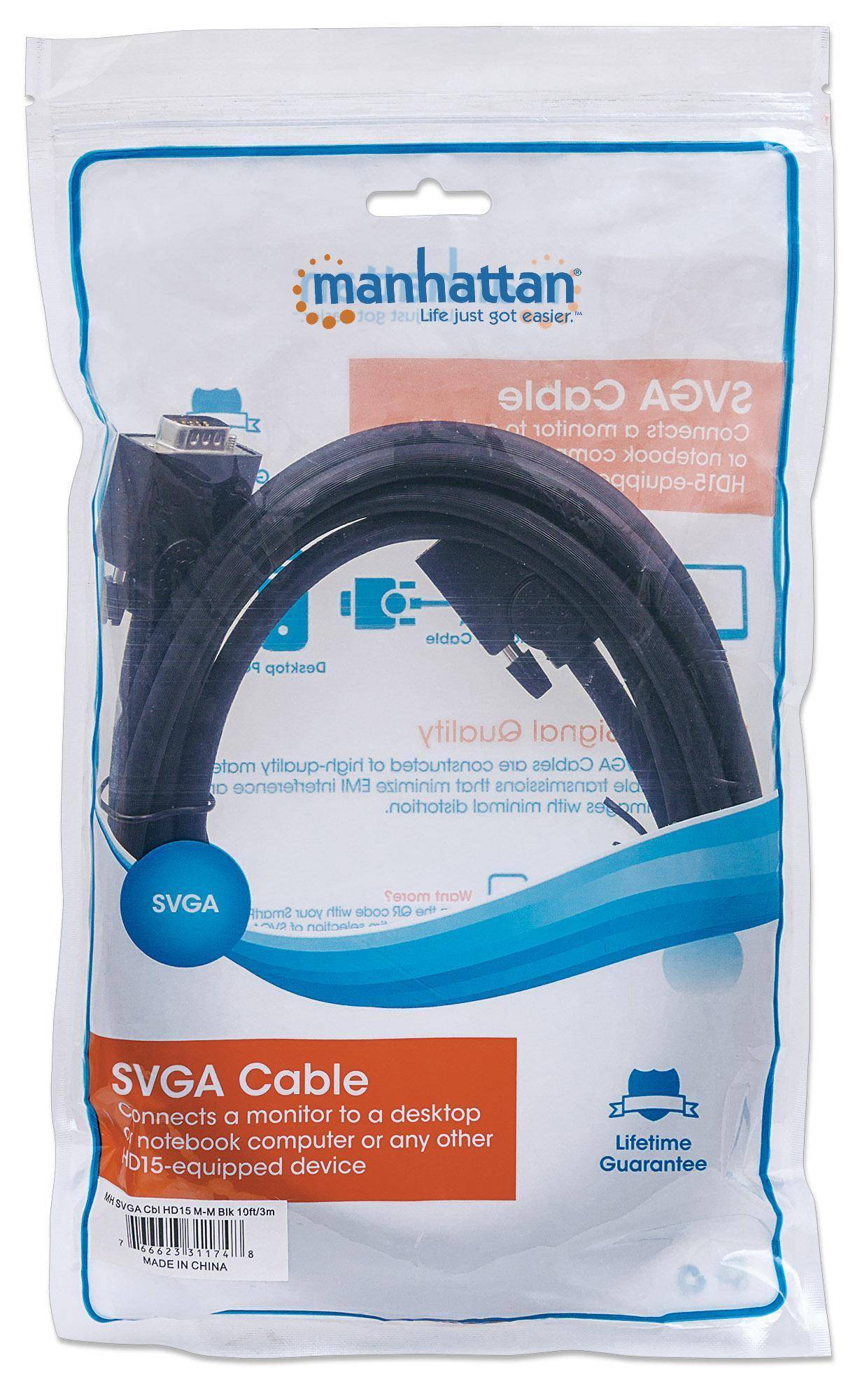 Manhattan VGA Cable VGA 15-pin plug 3.00 m Black 311748 screwable VGA cable-4