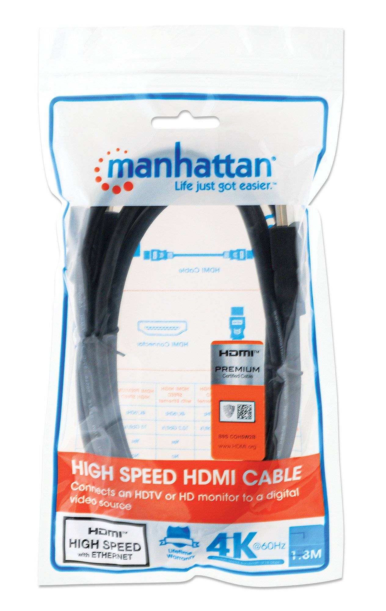 Manhattan HDMI Cable HDMI-A plug, HDMI-A plug 1.80 m Black 355346 Audio Return Channel, gold plated connectors HDMI cabl-4