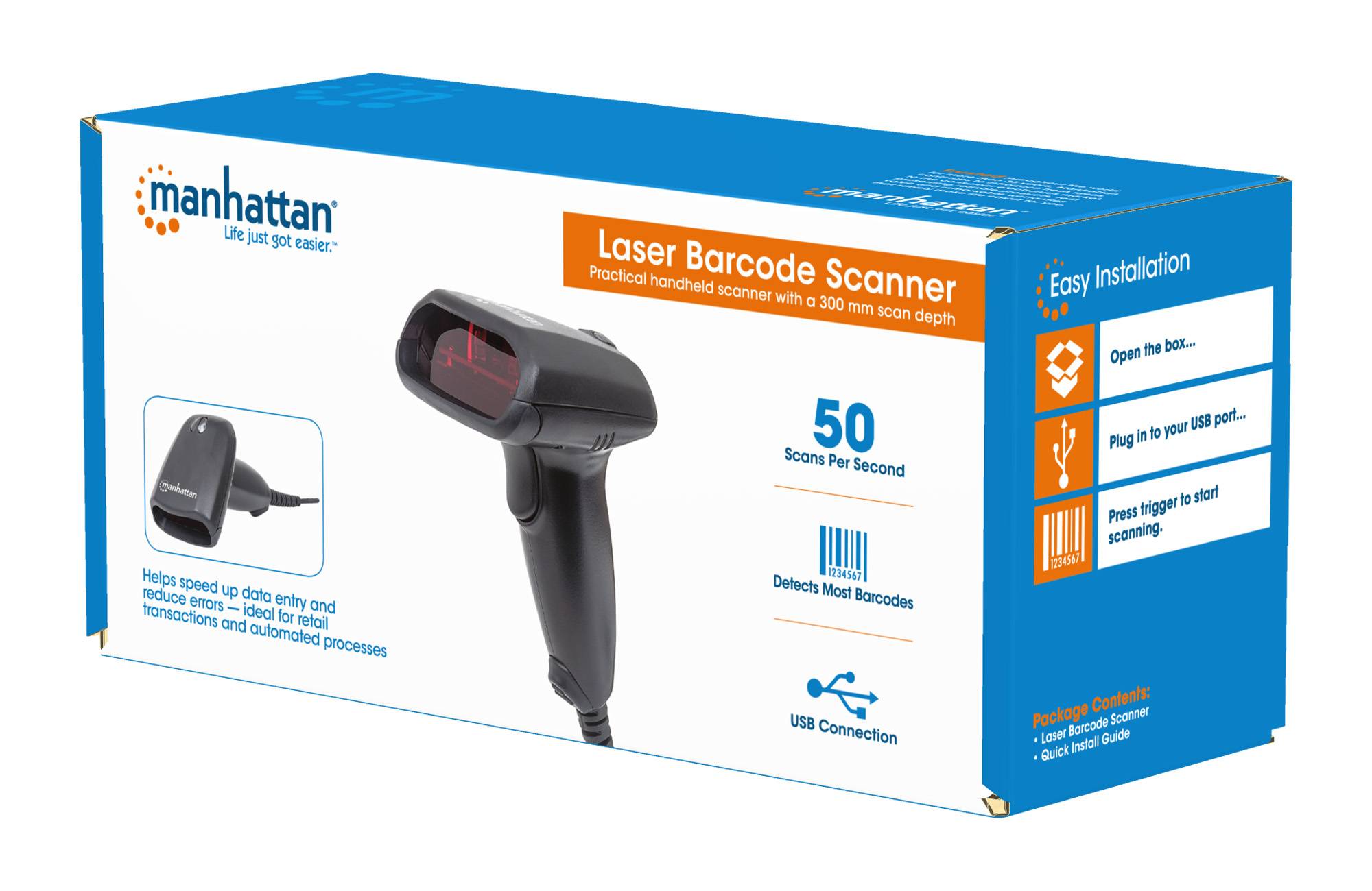 Manhattan 177665 USB Kit Barcode scanner Corded 1D Laser Black Hand-held USB-5