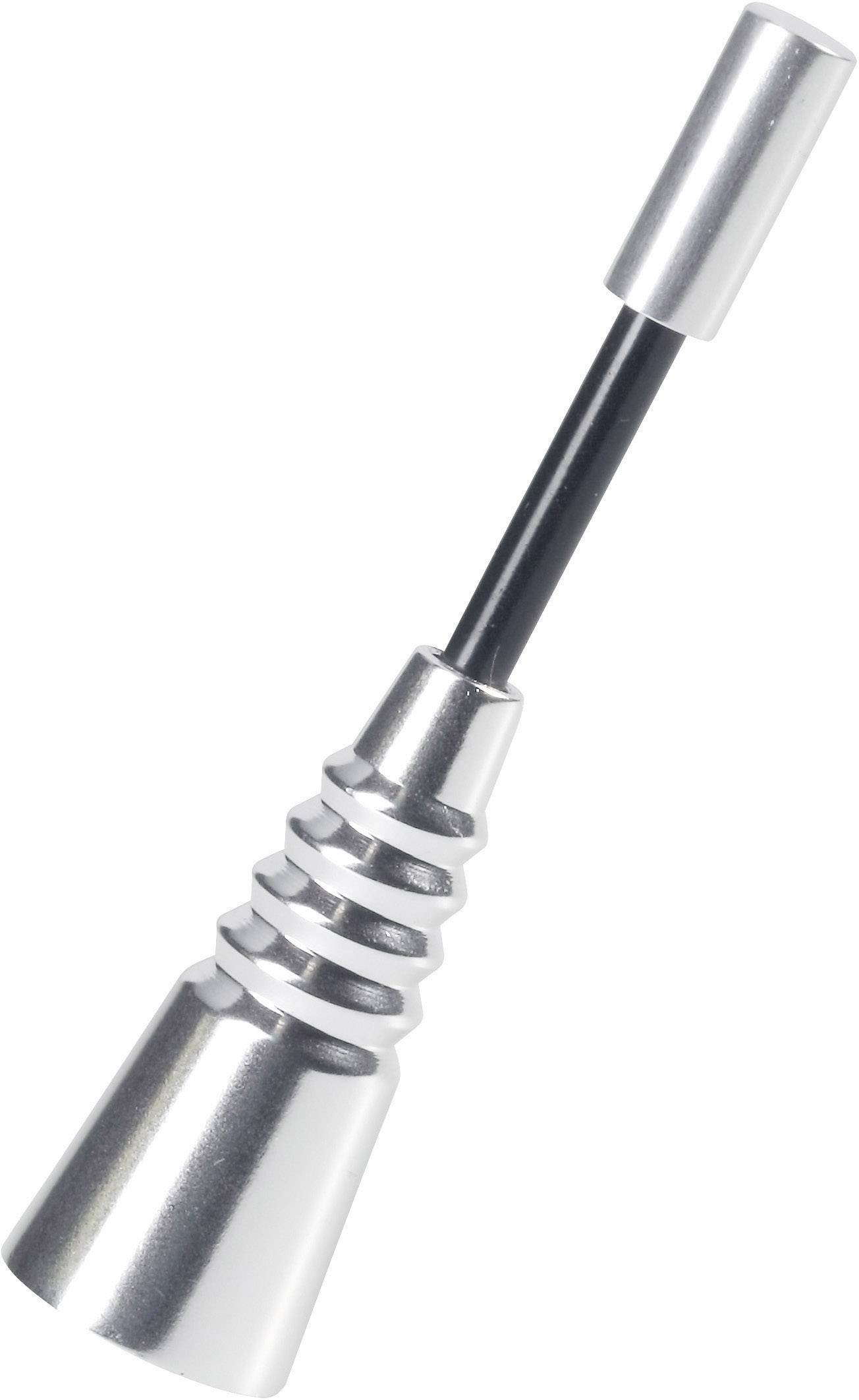 Silver, conical tool with a ribbed handle, attached to a black cable, possibly part of a craft tool.