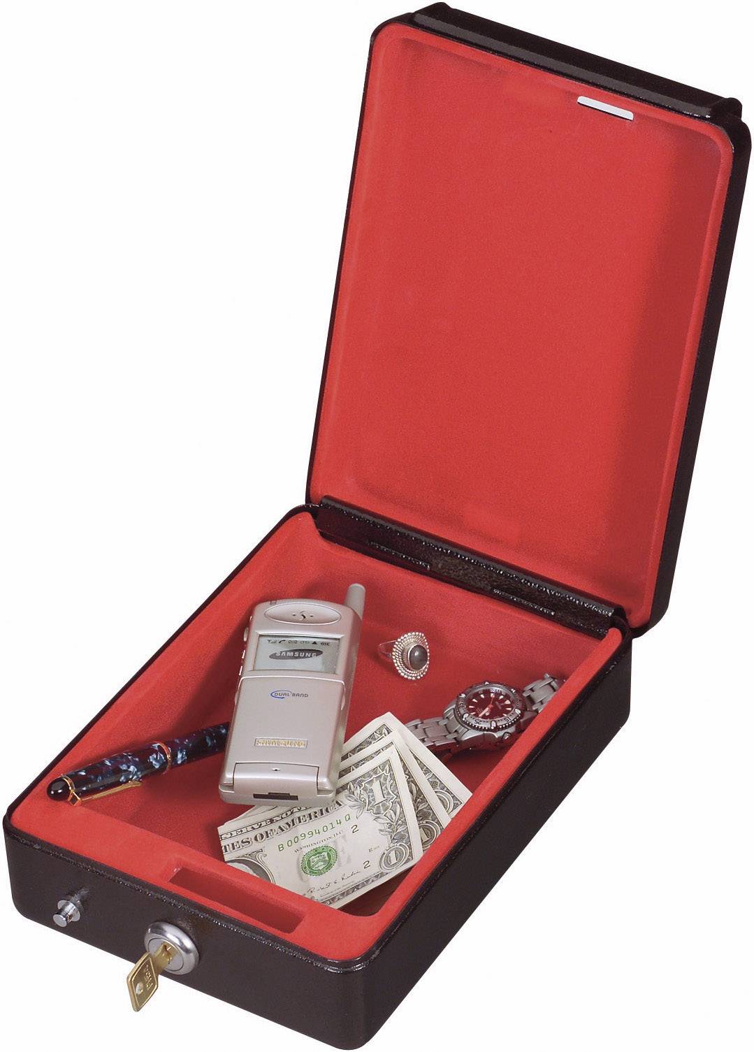 An open, red jewellery box contains a mobile phone, cash, a watch and jewellery. A key is inserted in the lock.