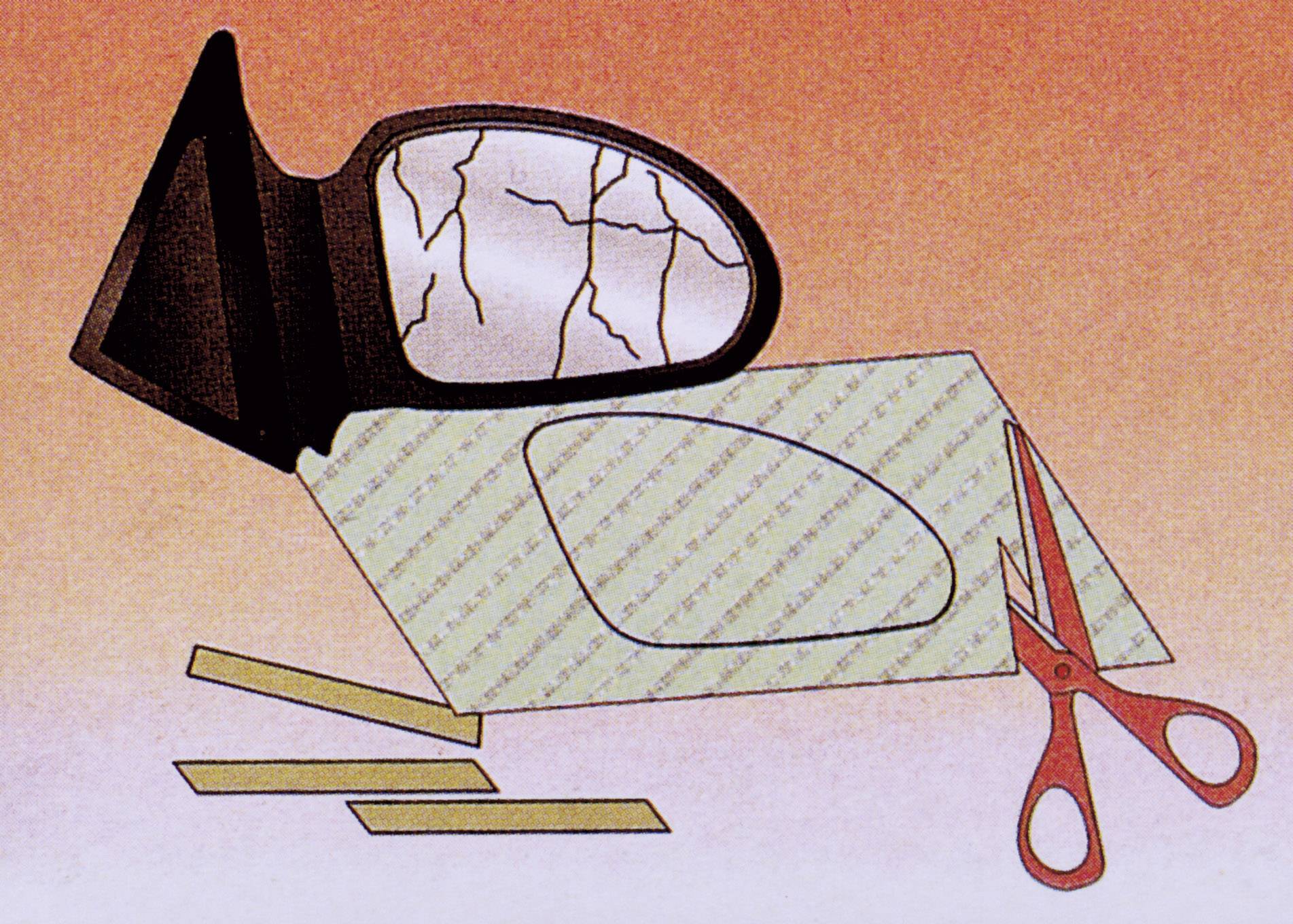 A broken wing mirror next to a pair of scissors and a cut replacement mirror.