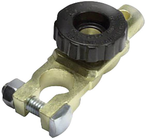 Brass and plastic battery cable clamp with screw fastening, for secure electrical connection.