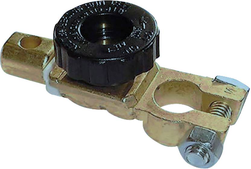 Brass-coloured battery terminals with a black, round rotary knob for secure fastening of battery cables.