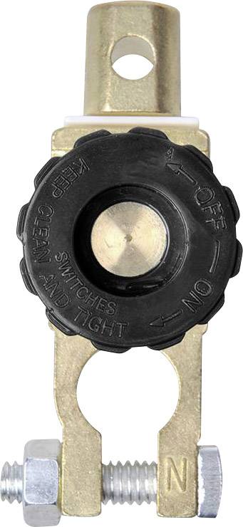 A battery isolator switch with a rotary knob. Gold-coloured metal with a black plastic knob, marked with 'ON' and 'OFF'.