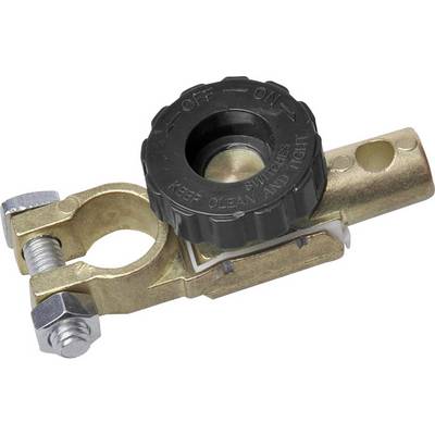 Brass-coloured battery terminal connector with a black rotary knob that interrupts or establishes the connection between car battery cable and battery.