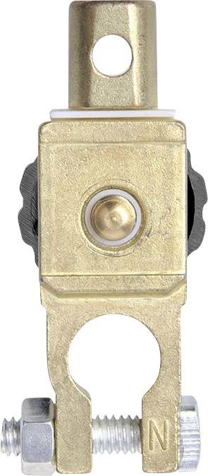 Brass-coloured battery cable terminal with a circular opening at the top and a screw at the bottom end for securing to a battery.
