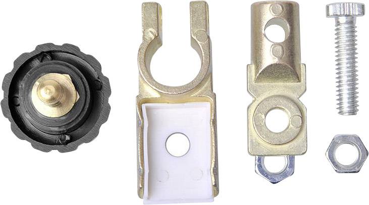 Auto parts set consisting of a black plastic cap, two metal clips, a screw, and a nut.