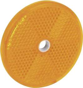 Round, orange reflector with a hole in the centre, often mounted on bicycles to increase visibility.