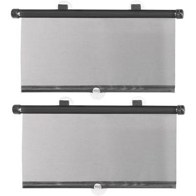 Two grey fabric window blinds, each with a black rod at the top and bottom, for fitting to a car window.