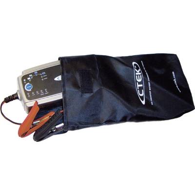 A battery charger with red and black clamps, partially in a black bag with the inscription 'CTEK'.