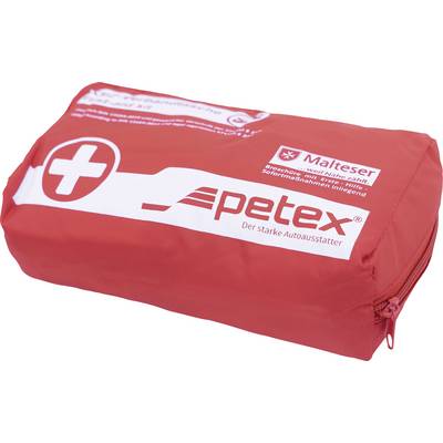 Red first aid kit with white cross and the 'petex' logo. Suitable for car emergencies.