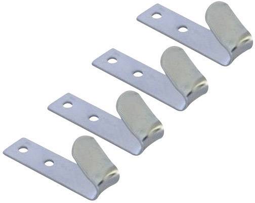 Four silver metal hooks, each with two screw holes, arranged in a diagonal line. They are suitable for wall mounting.