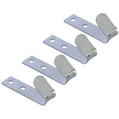 Four silver metal hooks, each with two screw holes, arranged in a diagonal line. They are suitable for wall mounting.