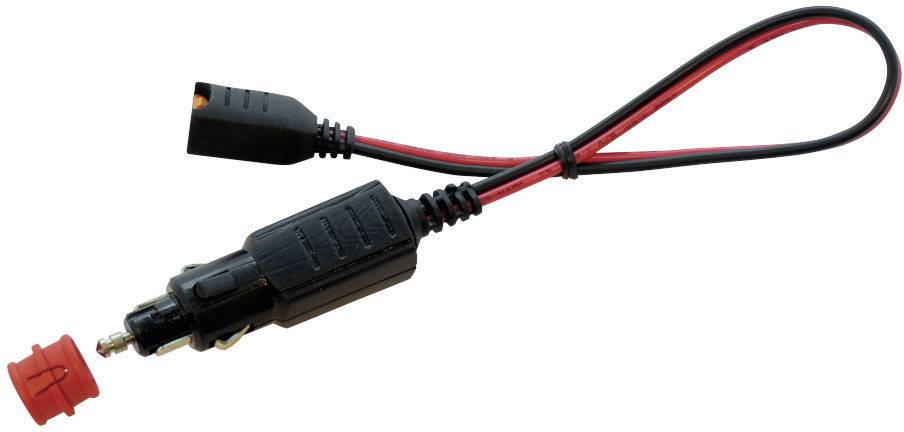 A black adapter cable with a cigarette lighter plug and two wires with red and black terminals at the end.