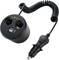A black car cigarette lighter adapter with two USB ports and two power sockets. Includes LED indicators and a coiled cable.