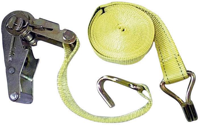 Ratchet strap with yellow belt and hook for securing loads.