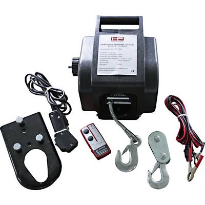 Electric Winch with Accessories: Control Unit, Hook, Cable and Mounting Bracket. Ideal for Pulling and Lifting Applications with 12 V DC.