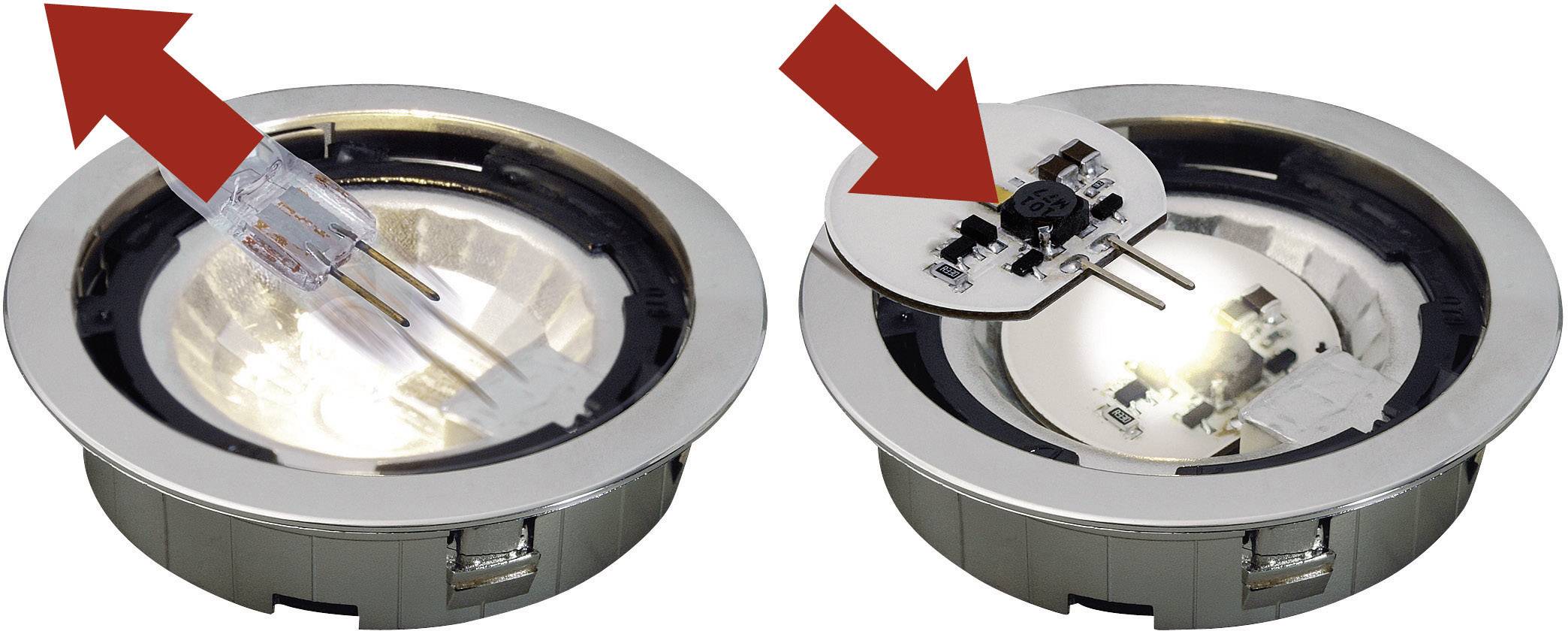 'Two round lights: On the left with an incandescent bulb and red arrow, on the right with LED circuit board and red arrow, focusing on the technological difference.'