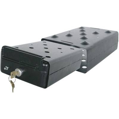 Black, rectangular cash box, partially pulled out. On the left, a lock with two keys.