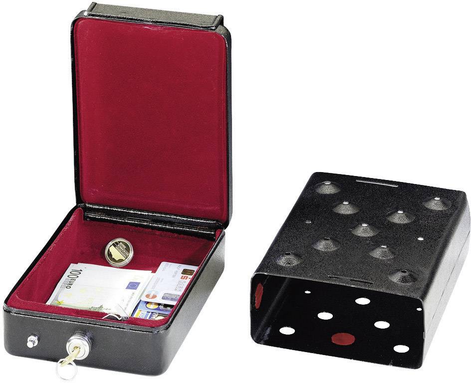 'Key safe with an open lid and red interior lining, showing a key card and coin inside, with a ventilated cover beside it.'