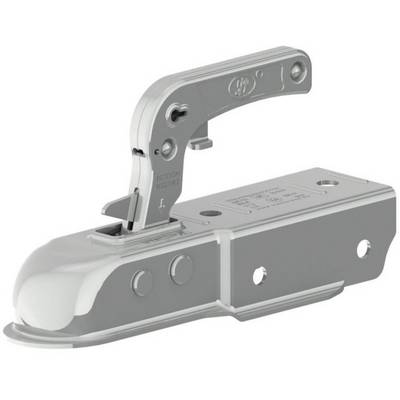 Metal trailer coupling device. Lever mechanism on top for locking. Two screw holes for attachment.